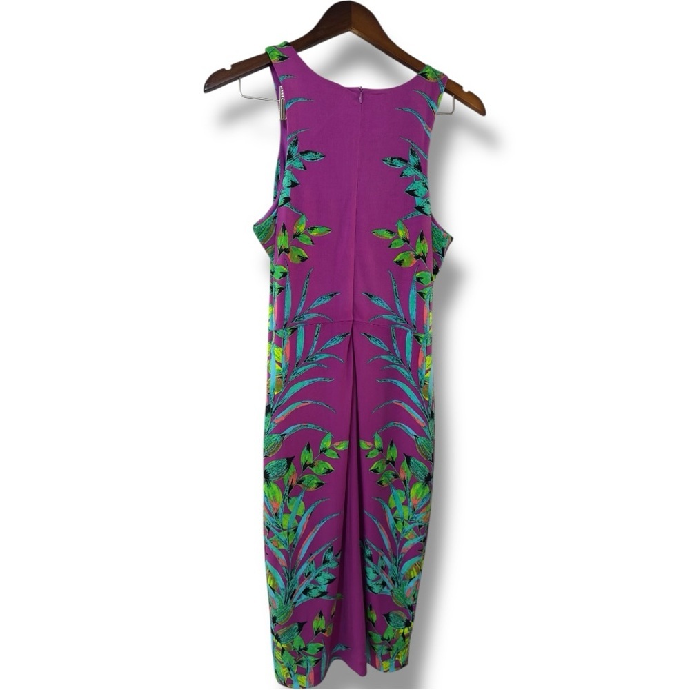 515 Nicole Miller | NWOT Magenta Tropical Leaf Print Sheath Midi Dress (Sz S) - Picture 6 of 17
